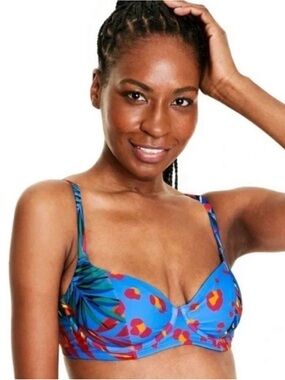 Tabitha Brown Underwired Bikini Top Blue Multicolor Tropical Wide Straps 22W